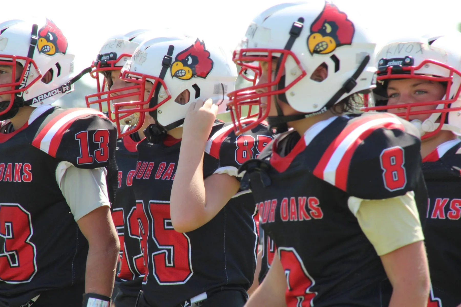 Four Oaks Cardinals players in black jerseys and Cardinal helmets lined up together